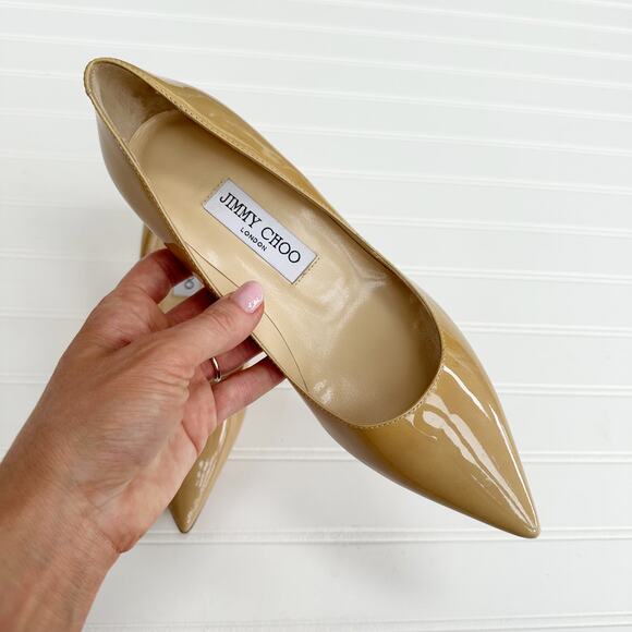 Jimmy Choo Anouk Kitten Heel Pumps Patent Leather Nude Tan Pointed Toe - Picture 5 of 12
